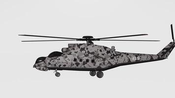 A helicopter with camouflage paint on it is shown photo