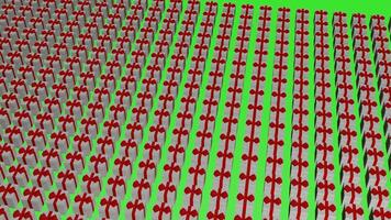 A large number of red and white arrows on a green background photo