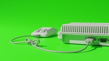 A white game console with a cord and a controller photo