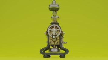 A small steam powered clock on a green background photo