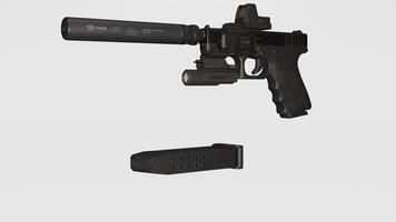 A gun with a magazine and a magazine on a white background photo