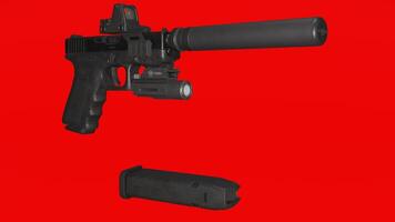 A gun and a magazine on a red background photo
