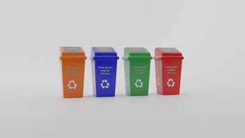 Three colorful trash cans with the words recycle on them photo