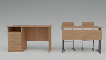 A desk and chair with a table in front of it photo