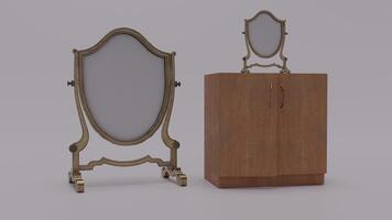 A mirror and cabinet with a mirror on top photo