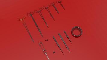 A bunch of medical instruments on a red surface photo