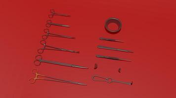 A collection of surgical instruments on a red background photo