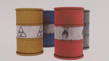 Three barrels with different colors and symbols on them photo