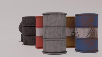 A group of barrels with different colors and sizes photo