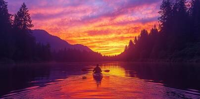A Single Kayaker Paddling on a Still Lake at Sunset photo