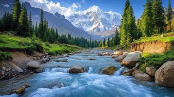 Mountain Stream Flowing Through a Valley with a Snow-Capped Mountain Peak photo