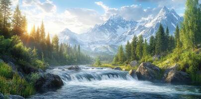 A Scenic View of a River Flowing Through a Forest with Snow-capped Mountains in the Background photo
