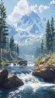 Mountain River Flowing Through a Forest with a Snowy Peak in the Background photo