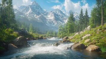 A Mountain Stream Flowing Through a Lush Valley photo
