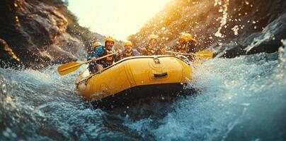 Rafting through a turbulent river with splashing water photo