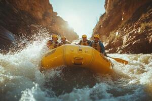 Rafting Enthusiasts Navigate Turbulent Rapids in a Yellow Raft photo