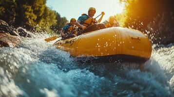 Group of people in a raft navigating a fast-flowing river in the sun. photo