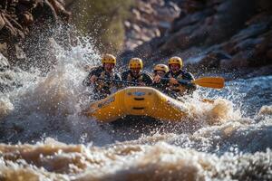 Three Men Navigating a Rapid in a Yellow Raft photo