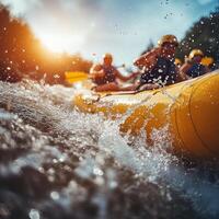 A Low-Angle View of People in a Yellow Raft Battling Rapids photo