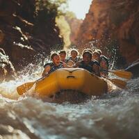 Group of Smiling Men in a Raft Navigating Rapids photo