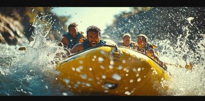 Group of friends in a yellow raft navigating rapids photo