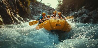 A group of people in a yellow raft navigate a river rapids photo