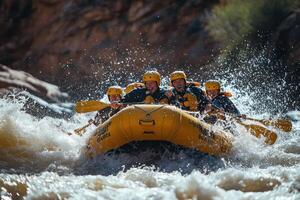 Rafting Team Navigating Through Rapids, Splashing Water and Smiling photo