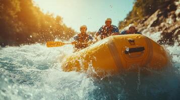 Yellow Raft Navigating Raging Rapids with Splashing Water photo