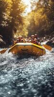 A Group Of Adventurers Enjoying A Thrilling Whitewater Rafting Trip Through A Lush Forest photo