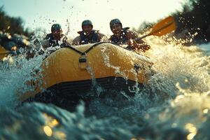Three Men in a Yellow Raft Navigating Through a Splashing River photo