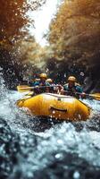 A Yellow Raft Navigates Raging River Rapids with Three Enthusiastic Rafters photo