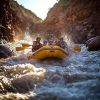 A group of people in a yellow raft, splashing through whitewater rapids. photo