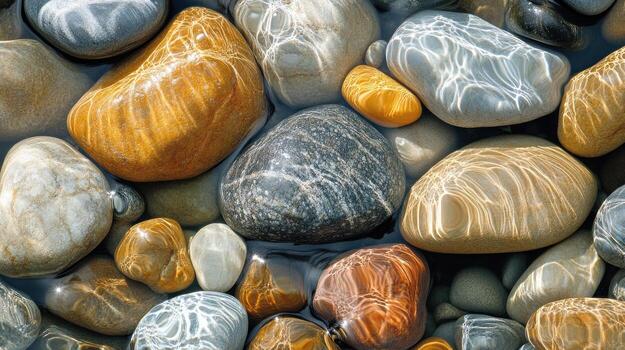 Smooth River Rocks Submerged in Shallow Water with Distorted Light Patterns photo