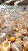 Sunlight Reflecting on Smooth River Stones Submerged in Clear Water photo