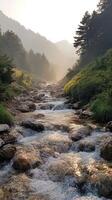 Sunlit Stream Flowing Through Rocky Valley photo