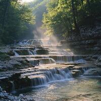 Cascading Waterfall in a Lush Forest with Sunlight Streaming Through the Trees photo