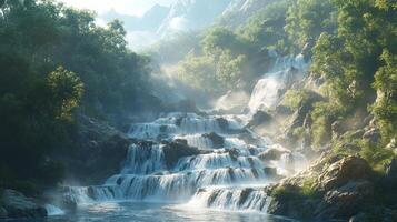 Cascading Waterfall in a Lush, Misty Mountain Valley photo
