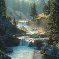 Sunlit Waterfall Cascading Through a Rocky, Forested Gorge photo