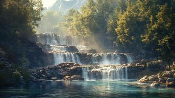 Serene Waterfall Cascading Through a Lush Forest photo