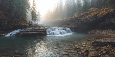 A cascading waterfall in a misty forest with sunlight breaking through the trees. photo