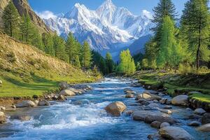 A Mountain Stream Flowing Through a Verdant Valley photo