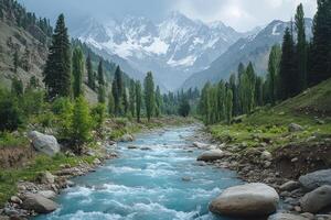 Mountain River Flowing Through Lush Valley With Snow-Capped Peaks photo