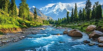 A mountain river flowing through a green valley with snow-capped mountains in the background. photo