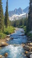A rushing mountain stream flows through a valley with snow-capped peaks in the background. photo