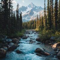 Mountain Stream Flowing Through a Forest of Pine Trees photo