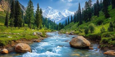 Mountain Stream Flowing Through a Lush Forest Valley photo