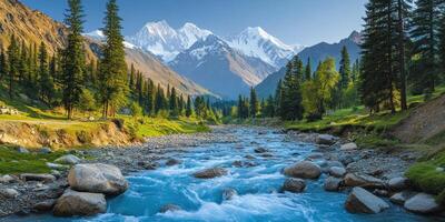 A Crystal-Clear River Flowing Through a Mountain Valley, Under a Snow-Capped Peak photo