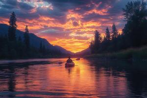 Kayaking through a River with a Sunset in the Background photo