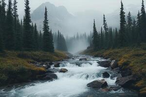 A Mountain Stream Flows Through a Mist-Covered Forest photo