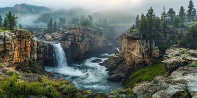 Waterfall cascading down rocky cliffs in a misty forest photo